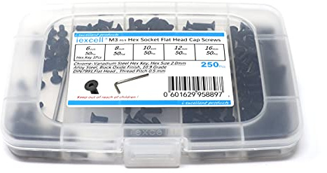 iexcell 250 Pcs M3 x 6/8/10/12/16 Alloy Steel 10.9 Grade Hex Socket Flat Head Cap Screws Bolts Assortment Kit, Black Oxide Finish
