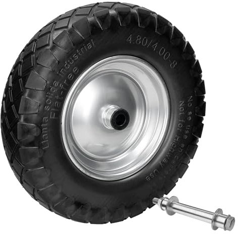 ECD Germany Schubkarrenrad mit Blockprofil aus pannensicherem PU Vollgummi, Ersatzrad Gummirad mit Achse, 4.80/4.00-8, Durchmesser 390 mm, Schwarz, 200kg, Reifen mit Stahlfelge, PU-Rad für Schubkarre