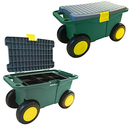 UPP Garten Roll-Sitzbox mit Staufach, ideal auch als Outdoor Werkzeugwagen | Der Rollwagen ist der rückenschonende Gartenhelfer beim Beet bepflanzen | Bis 90 KG belastbar | Sitzhöhe 29 cm