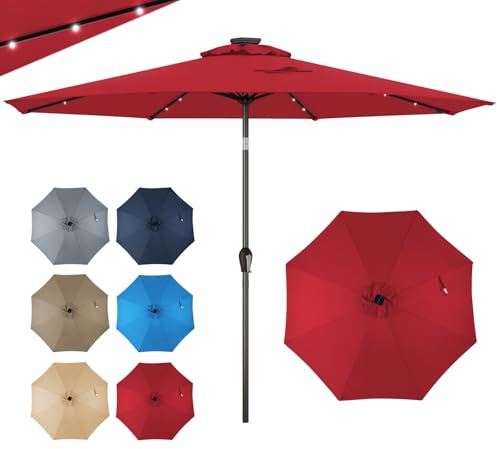GOPLUS Parasol de Jardin Exterieur 3M, Grand Parasol Inclinable avec Lumineux Solaire 24 LED, 8 Baleines, Manivelle, Anti-UV, pour Plage Balcon Patio, Base Non Incluse (Rouge)