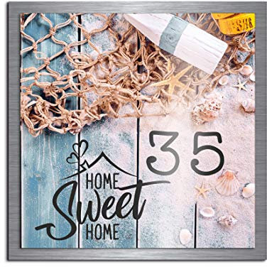 Premium Designer Hausnummer mit UV Druck und Montage Set - 22x22 cm - Familien-Haus Bedruckte Hausnummern mit Straßen Straßennamen für die Haustür Ferienhaus…