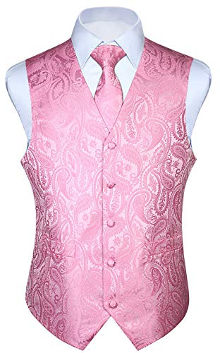 HISDERN Anzugweste für Herren Rosa Paisley Hochzeitweste Krawatte Einstecktuch Taschentuch Jacquard Weste Herren Anzug Set Elegant Pink S