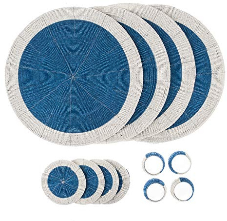 Penguin Home® - Juego de 12 manteles Individuales, Posavasos y servilleteros con Cuentas de Vidrio, Azul y Blanco, manteles Individuales Redondos, Hechos a Mano por hábiles Artesanos Indios
