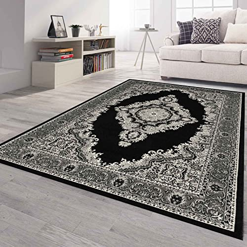 VIMODA Orient Teppich grau schwarz klassisch Ornament dicht gewebt Kurzflor farbecht, Maße:Ø 160 cm Rund