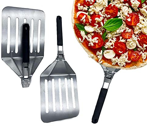 Vintage Gourmet® Premium Stainless Steel Professional Perforated Pizza Peel Paddle with folding heatproof handle 8 X 9 inch Folds neatly and compact to put away Ideal for Table top Outdoor Pizza Ovens