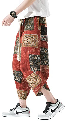 DOSLAVIDA Men's Casual Elastic Waist Linen Capri Pants Wide Leg Baggy Cotton Harem Yoga Trousers Loose Patchwork Shorts