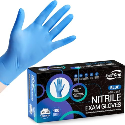 SwiftGrip Blue Nitrile Gloves, Medical Exam Disposable Rubber Gloves Latex Free & Powder Free for Cooking, Cleaning, Hair Dyeing, Salon, Tattoo (Box of 100, Small)