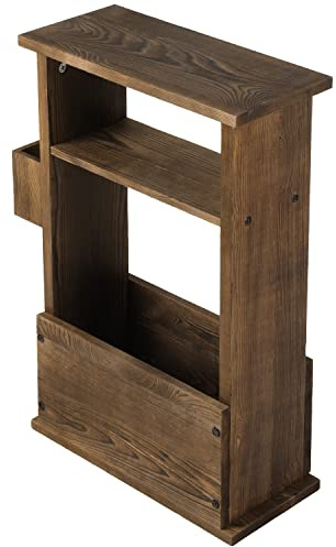 MyGift 24 Inch Tall Rustic Burnt Wood End Table with Remote Control Holder, Storage Shelf, and Magazine Rack, Wooden Narrow Living Room Couch Side Accent Furniture