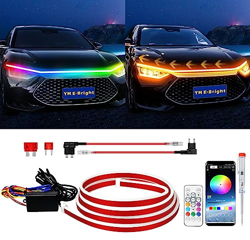YM E-Bright Car Led Lights Exterior RGB Hood Light Strip Waterproof Multicolor Dynamic Scan Start Up Hoodbeam Kit DRL Daytime Running Lights for Cars,Truck,SUV,APP Control,12V 70inch