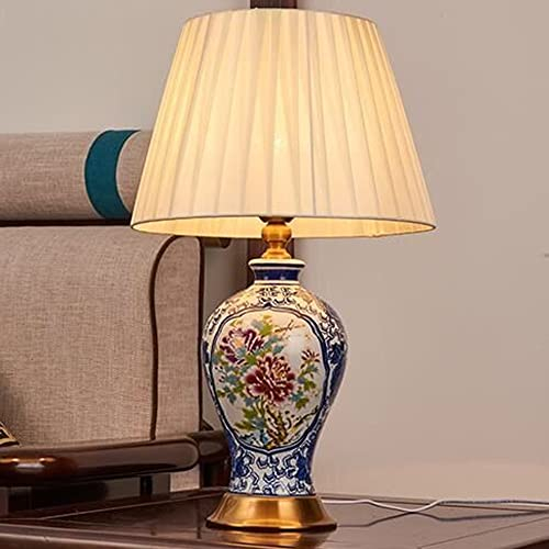 FAZRPIP Tischlampe, handbemaltes blaues und weißes Porzellan, Schlafzimmer, Nachttischlampe, große orientalische Keramik-Tischlampe, traditionelle Lampen im Chinoaserie-Stil, mit tonnenförmigem