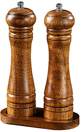 Salz und Pfeffermühlen Set Aus Holz Keramikrotor Manuelle Meersalzmühle Nachfüllbare Gewürzstreuer mit Holzständer, 2 Stück (5.5x22cm)
