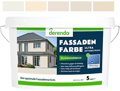 derendo Silikonharz Fassadenfarbe Beige ULTRA Wetterschutz Graubeige 5 l aussen Fassade Silikonharzfarbe mit Abperleffekt Lotus Blatt Fassadenschutz Schmutzabweisende Silikonharzbeschichtung