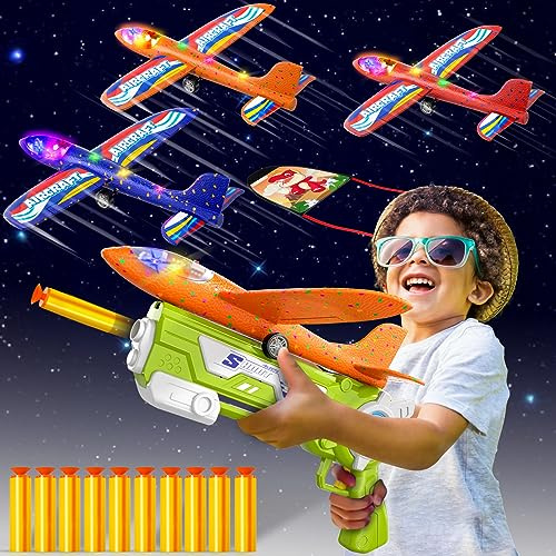Doloowee 4 IN 1 Airplane Launcher Toys, LED Foam Glider Airplane Catapult, 2 Flight Modes, Outdoor Sports Flying Toys 3-12 Years Old Boys Girls Birthday Gifts