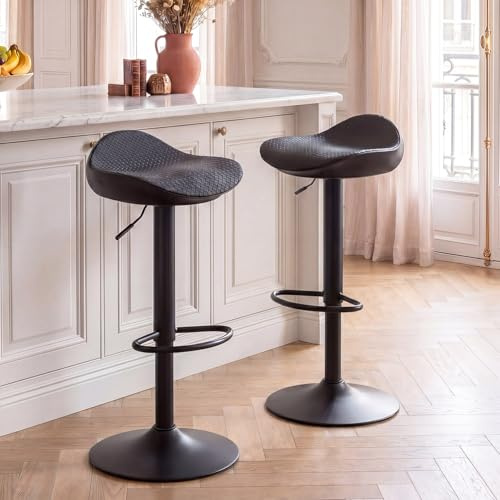 YOUNUOKE Black Bar Stools Set of 2 PU Leather Woven Seat Counter Height Barstools 360° Swivel Height Adjustable Bar Chairs with Footrest for Breakfast Counter Kitchen Island Pub