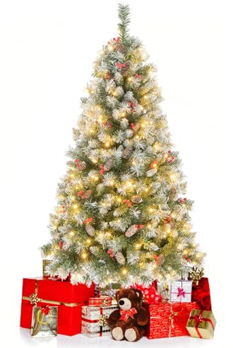 COSTWAY Sapin de Noël 150 cm, 450 Branches Articulées avec 200 LED Blanc Chaud, 8 Éclairage, Baies Rouges & Pommes de Pin, Arbre de Noël pour Fêtes, Bureau, Maison(150 cm)
