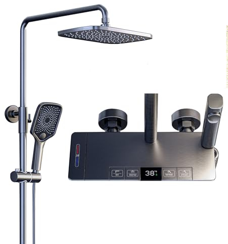 WPHH Duscharmatur Set Mit Klaviertaste, Thermostatisches Freiliegendes Duschsystem, Wandmontiertes Gun Grey Dusche Mischbatterie Set Mit Regenduschkopf, Handbrause Und Bidetbrause, Wannenauslauf
