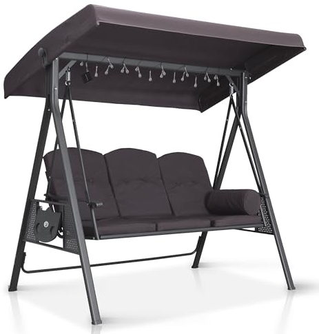 PURPLE LEAF Hollywoodschaukel 3 Sitzer Gartenschaukel Schaukelbank mit Verstellbares Sonnendach Sonnenbeständig Metall, Grau