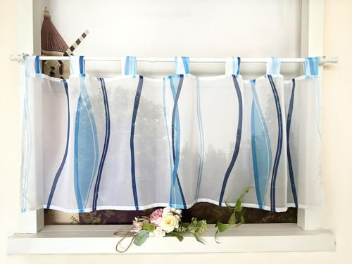 Devola Scheibengardine mit Wellenmuster Gardine Druck Kurzstore mit Schlaufen Küchengardine Kurz Modern Voile Bistrogardine Transparent HxB 30x90cm Blau 1 Stück