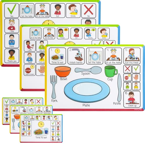 Speech Therapy Placemats for Autism & Non-Verbal Kids (6 Pack) – Visual Communication Boards, ABA Therapy Tools, Toddler Speech Delay Aids – Smarty Mats Waterproof Wipe-Clean Mealtime Mats