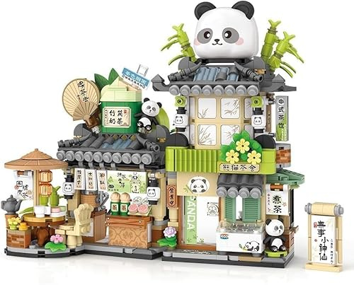 Japanese Street View City Cafe Building Kit, 860 PCS Coffee Shop Modular House Building Set, Openable Panda Construction Tea Shop Model for Boys Girls