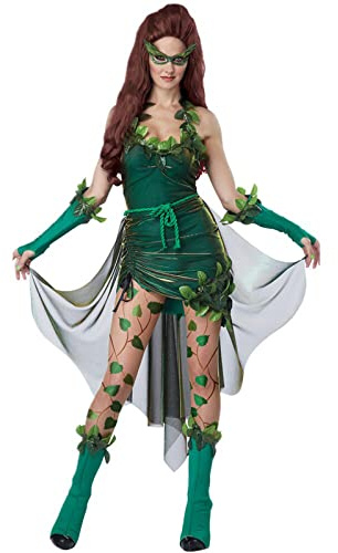 Disfraz de hiedra de veneno para mujer, vestido con cuello halter con hojas falsas, sexy verde, disfraz de hada, delfos del bosque, carnaval, cosplay (verde, L)