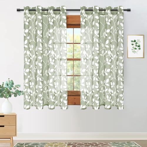 MRTREES Cortinas Dormitorio Juvenil Cortas para Ventanas 140x160 cm, Cortinas Salon Modernas Estampadas con Hojas 2 Piezas Cortina Visillo Comedor Transparente con Ojales, Verde Grisáceo