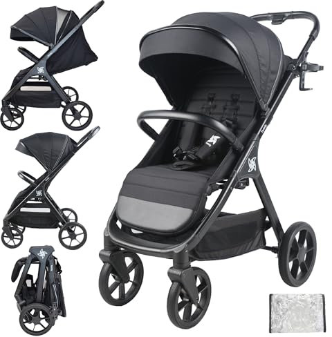 Twinly SPACELY, kinderwagen Buggy, bis zu 22 kg, Kinderwagen sehr groß und komfortabel, geräumige Sitz, sehr leicht zu falten buggy, XXL Verdeck mit UPF50+ Filter, Regenschutz, Liegewagen (schwarz)