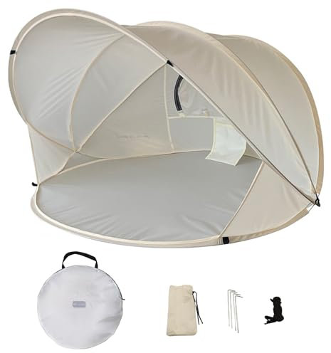 HYPIQQ Strandmuschel Pop Up Strandzelt mit UV 50+ Schutz Leichtes Wurfzelt für Garten/Strand/Camping - Inkl. Tragetasche & Erdanker - 190T Polyester,Beige