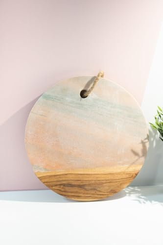 Round Marble and Mango Wood Cheeseboard – 30 x 30cm – Rustic Serving Board for Cheese, Charcuterie, and Entertaining