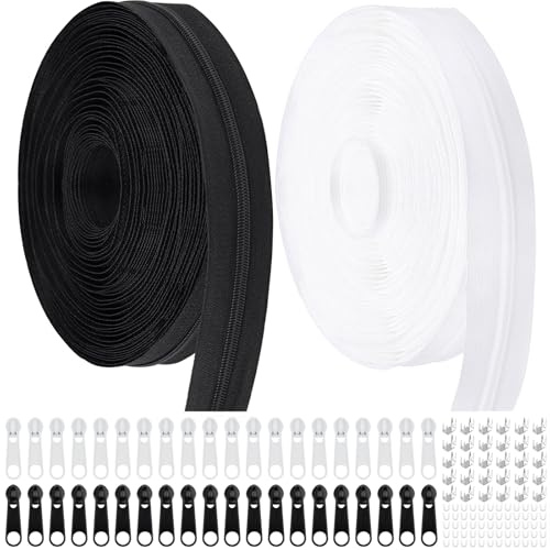 Endlos Reissverschluss mit Zipper, 3mm 18m Nylon Endlosreißverschluss Meterware und 40 Zipper aus Metall für Kleidung Tasche Mäppchen Bettwäsche, Cremeweiß (Schwarz und Weiß, #3)