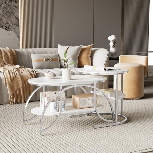 BestAlice Lot de 2 Tables Basses gigognes 2 en 1 Rondes et ovales avec Espace de Rangement Aspect Blanc marbre, Cadre en métal, Table de Salon, Table Basse, Pieds Métalliques Argent
