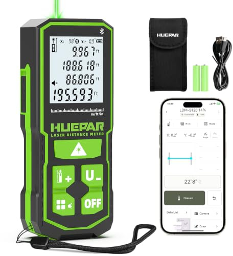 Huepar 60 m Télémètre Laser Professionnel Bluetooth, Contrôle par App | Faisceau Laser Vert Télémètre Laser con Mode de mesure continue, Rechargeable USB-C, Capteur d'Angle, S60G BT