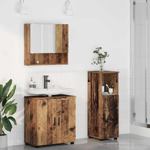 Fangmaliuyun Set di mobili da bagno in legno anticato 3 pezzi con mobiletto per lavabo, armadietto a specchio e armadietto da bagno, 61 x 35 x 64 cm, in metallo, salvaspazio, design moderno per