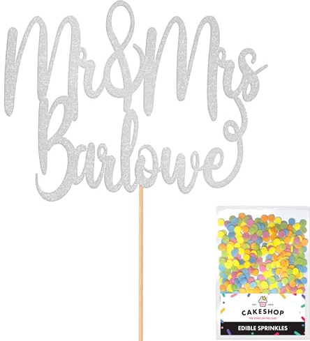 Cakeshop Personalised Mr & Mrs Wedding Glitter Cake Topper With Sprinkles - Light Silver Custom Colour - Any Name - Double-Sided Glitter Card Cake Decoration - Custom Toppers for Cakes