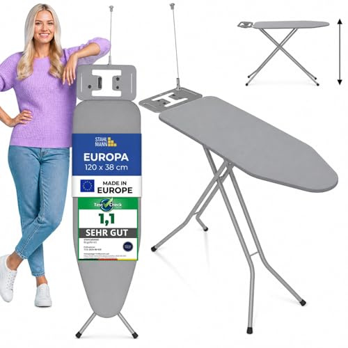 STAHLMANN ® Bügelbrett mit Steckdose [120x38 Bügelfäche ] grau mit rutschfesten Füßen – robuster Bügeltisch – extra stabiles Bügelbrett [Made IN Europe] – Tischbügelbrett