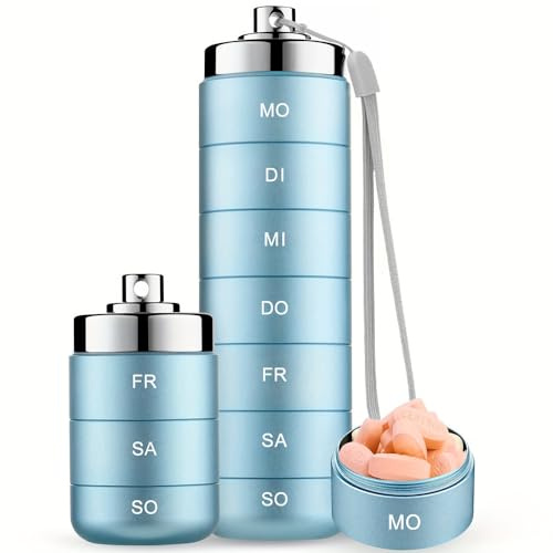 Tablettenbox 7 Tage Große Fächer, 2026 Neu Tragbare Medikamentenbox, Stapelbare 7-Tage-Pillendose aus Metall mit Drehverschluss, Täglicher Medikamentenspender, Tragbarer Pillenbox für Reisen (Blau)