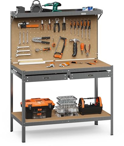 VonHaus Garage Work Bench with Pegboard - Metal and Wooden Workbenches - Suitable for Most Garage Equipment - Workbench Containing - Storage Drawer, Shelf and 20 Hooks - 230kg Capacity