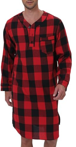 Générique Pyjama Chemise de Nuit Homme Manches Longues Flanelle mélangée imprimé écossais avec Poches Confortables d'intérieur vêtement Chaud literie Nuit Chaude (Red, XXL)