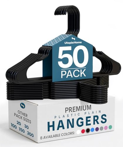 Utopia Home Plastic Hangers 50 Pack, Space-Saving Clothes Hangers with Non-Slip Shoulder Grooves for Strappy Clothes, Ideal for Home Closet Organization and Warddrobe Solutions (Black)