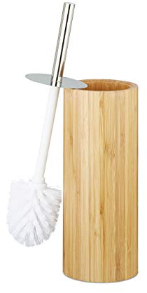 Relaxdays Toalettborsthållare bambu, rund toalettborsthållare för badrum, toalettborststativ H x D: 37,5 x 10,5 cm, natur