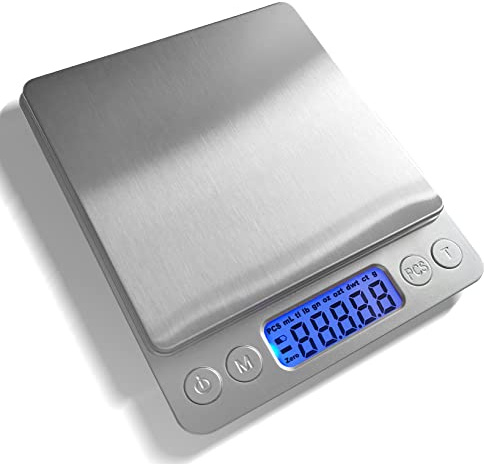 JOEAA Balance de Cuisine Électronique 3000g/0.1g Balance Cuisine Numérique en Onces avec Écran, Fonction Tare, 9 Unités, Auto-arrêt, 2 Plateaux, Piles Incluses - Acier Inoxydable