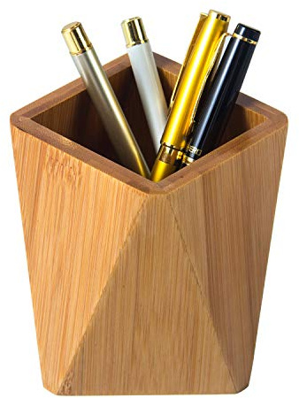 YOSCO Bamboo Wood Pen Holder Stand for Desk Geometric Pencil Cup Pot Cute Desktop Office Supplies, Makeup Brushes Organizer (Bamboo)