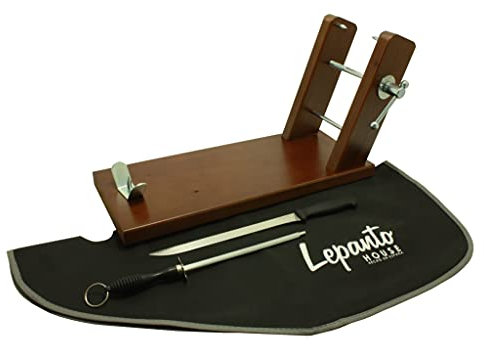 Jamonero Modelo Reserva mas Set de corte con cuchillo Jamonero, chaira y cubre jamón negro, Soporte para Jamón y paletillas fijo realizado en madera de pino color nogal mas Antideslizante