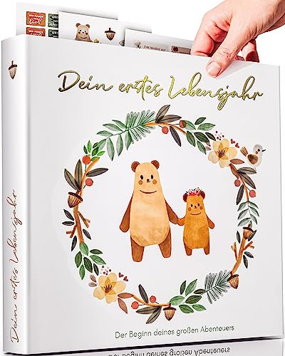 Milula Studios Mein Erstes Jahr Babyalbum - Hardcover Babybuch Erinnerungsbuch zum Ausfüllen - Fotoalbum Baby Selbstgestalten - Babyparty Junge & Mädchen - Sinnvolle Geschenke zur Geburt