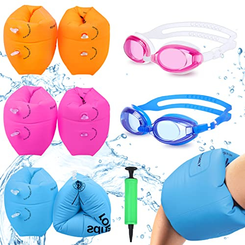 Arm Floaties for Kids 6-12yrs, PVC Arm Floaties Inflatable Swim Arm Bands Floater Sleeves Swimming Rings and Swimming Goggles Kids Floaties for Pool 6 Pack