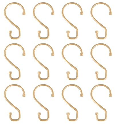 Bath Bliss 12 Pack S-Hook Shower Curtain Rings | Bathroom | Metal S Shaped Hooks | Easy Glide | Easy to Install | Hang Mugs, Pans, Towels | Satin Gold