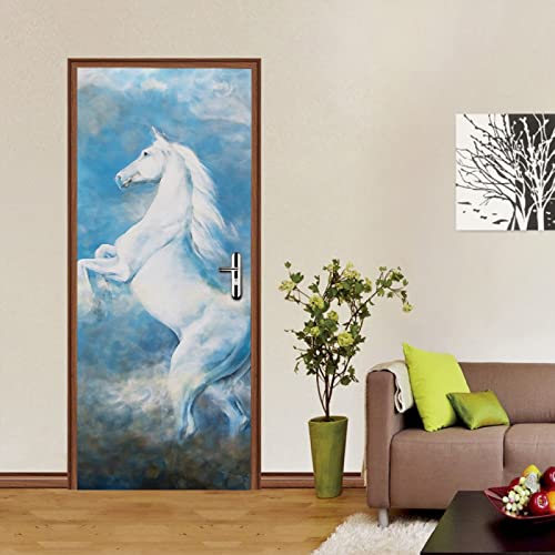 Türtapete Selbstklebend Weißes Pferd 3d Türaufkleber Wandbilder Türposter Fototapete PVC DIY Türbild Vinyl Wasserdichte Entfernbar Mauer Aufkleber Zuhause Dekor B77 x H200cm