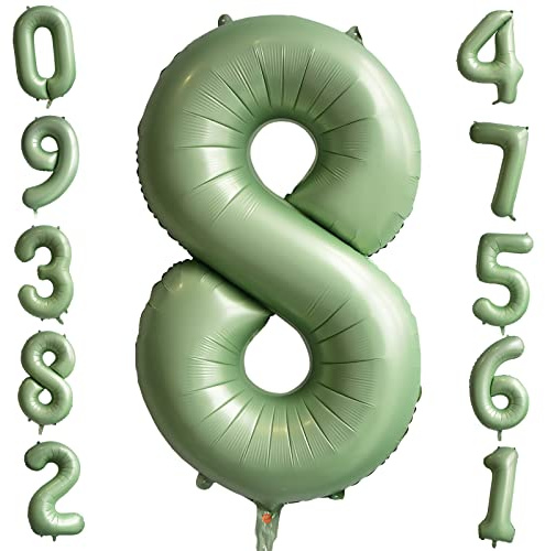 Salvia grön nummer 8 ballong, 102 cm gigantisk heliumfolie nummer ballonger olivgröna födelsedagsballonger siffriga ballonger för pojkar flickor födelsedag årsdag examen skog tema fest dekorationer