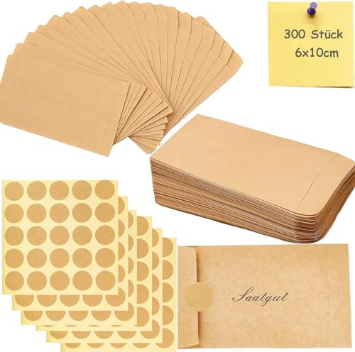qingmeng Samentütchen, 300 Stück Papiertüten Klein Braun mit 150 Stück Aufkleber, 6x10cm Saatgut Aufbewahrung, Mini Kraftpapier Tüten zum Befüllen Verpackungstüten Umschläge Geschenktüten Bonbons