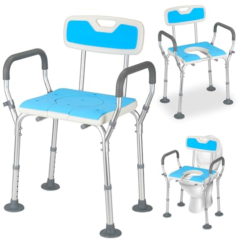 Cecaylie Duschhocker Duschstuhl für senioren, Duschsitz mit Rückenlehne und Armlehne, Höhenverstellbar, Badhocker mit abnehmbarem Kissen, Anti-Rutsch, Aluminium Duschhilfe Badsitz